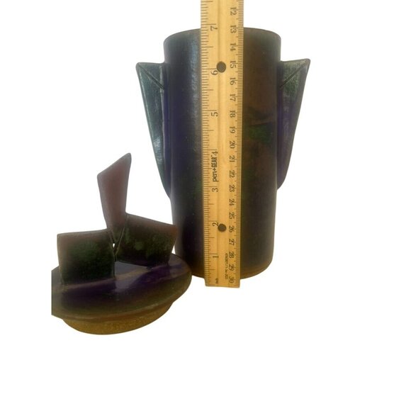 Unique Art Vase w/Geometric Accent Lid 11" Artistic Statement Blue Green Signed - Picture 6 of 9